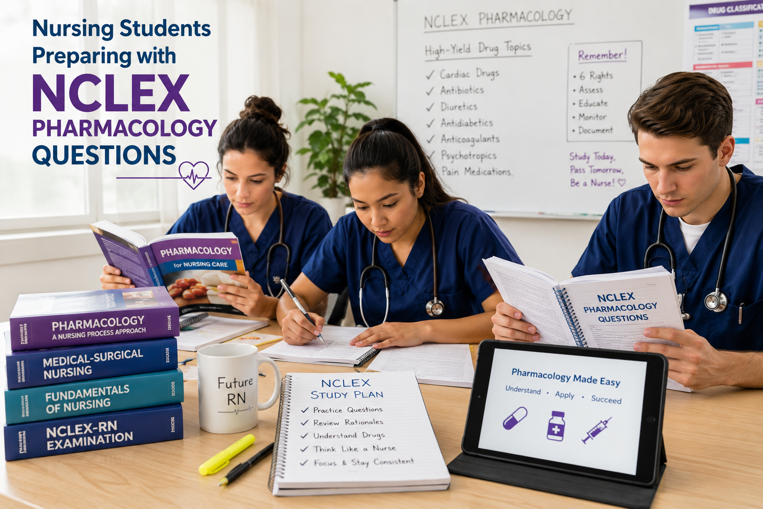 Nursing students preparing with NCLEX pharmacology questions